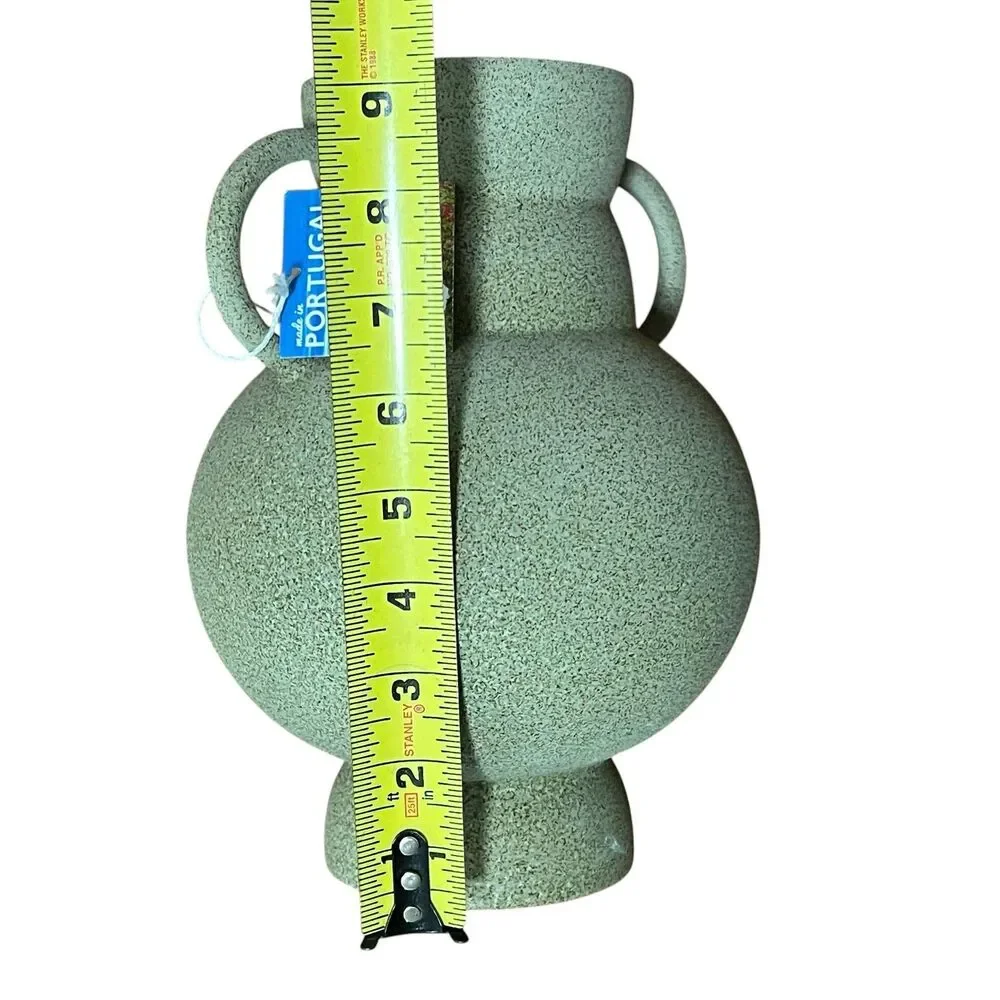 Portugal Decor Pottery Vase Green Speckled Ceramic Double Handle Textured Urn